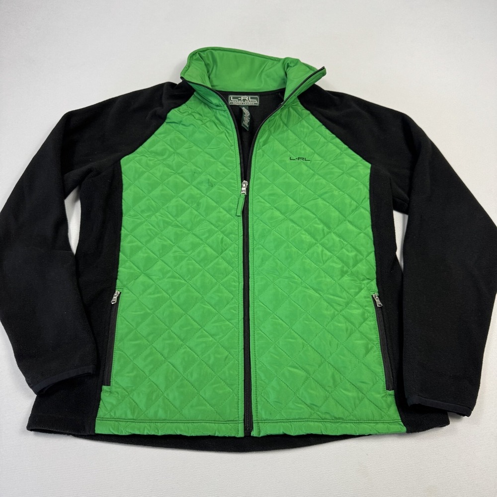 Lauren Ralph Laure Quilted Fleece Sweater Jacket Full Zip Green Black Women's XL